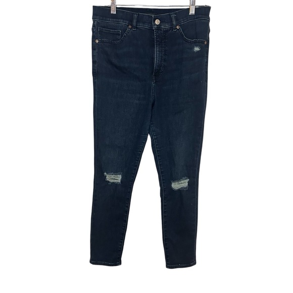 Express Super High Rise Skinny Jeans dark wash distressed size 10S - Picture 1 of 10